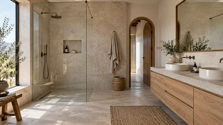 Baño renovado con ducha a ras de suelo; imagen de inspiración generada