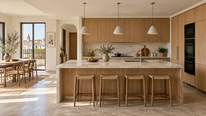 Cocina renovada con mobiliario de madera y encimera clara; imagen de inspiración generada