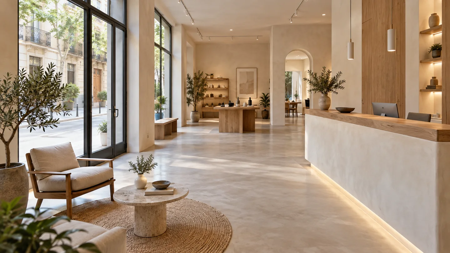 Local renovado con recepción y zona de trabajo; inspiración generada